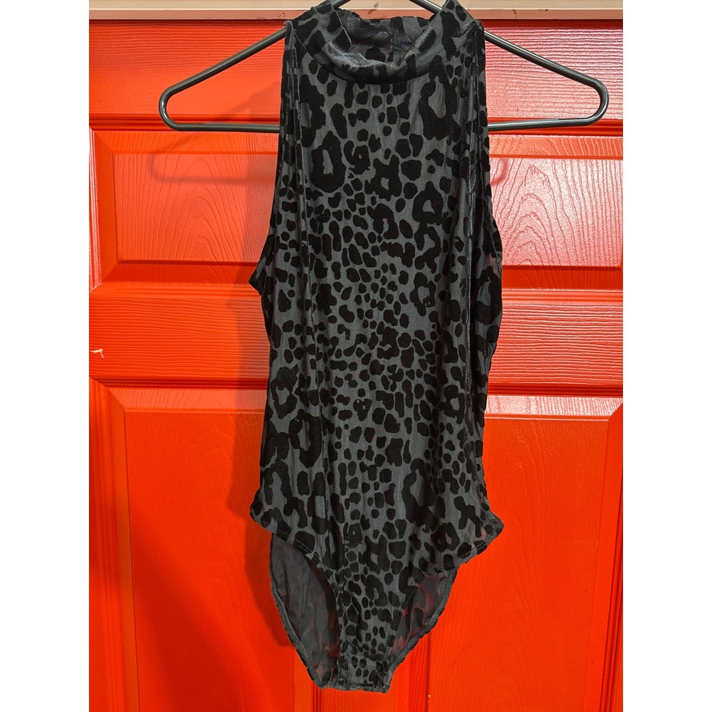 Missguided Black Velvet Leopard Print Sheer Mesh Mock Neck Bodysuit US 6